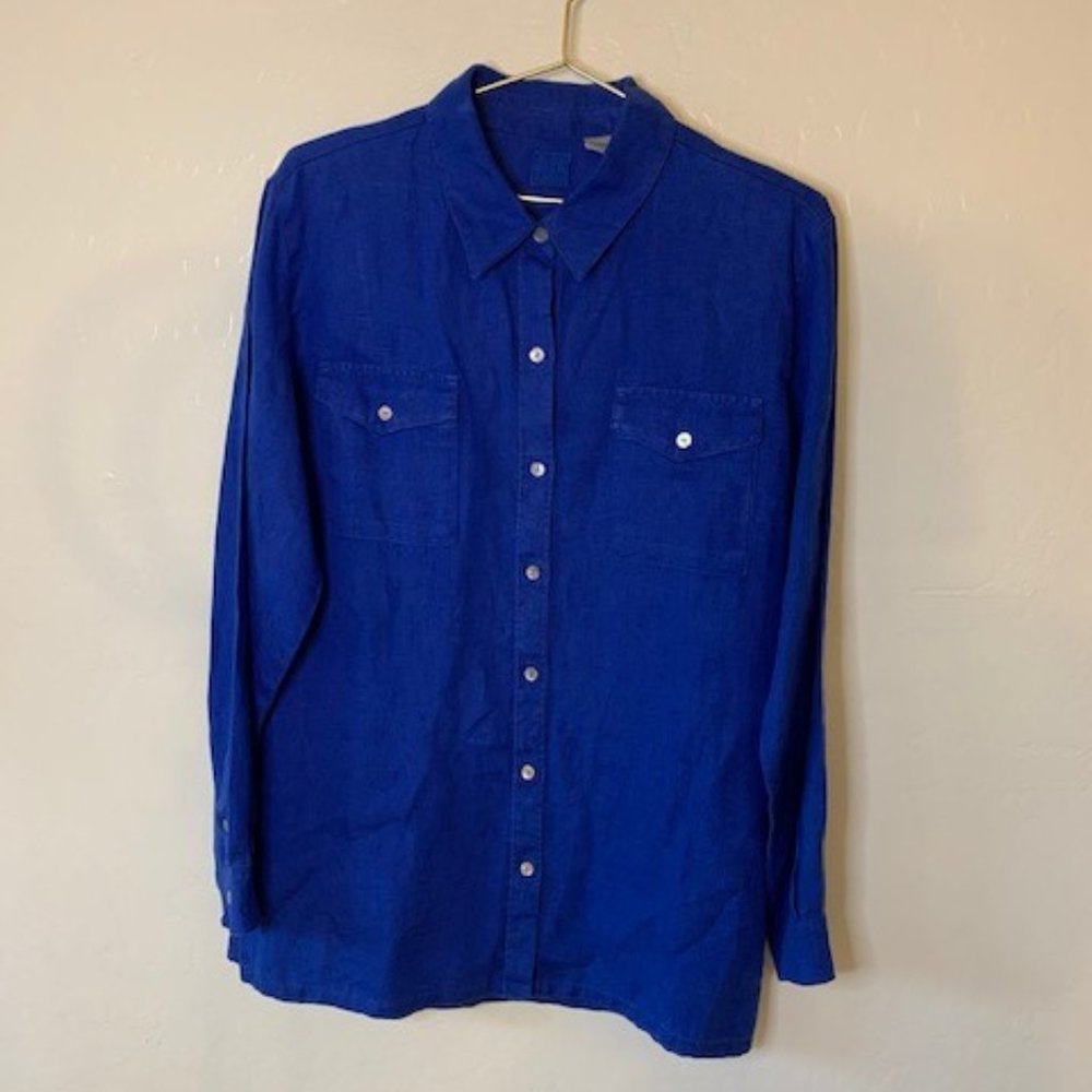 Lino by Chico’s 100% Linen Button Up, Size 1, Blue